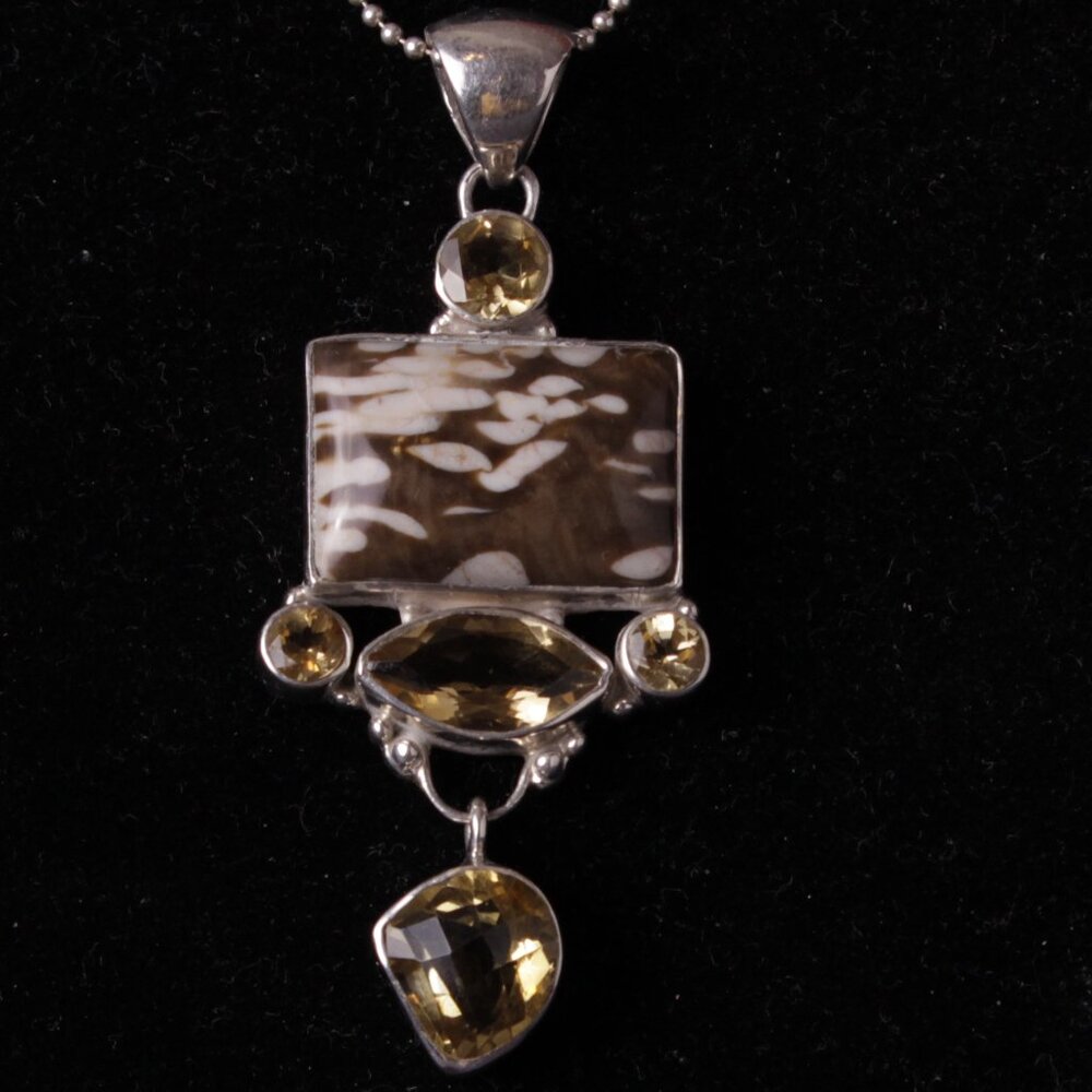 Brown Striped Jasper (?) with Smokey quartz gemstone Sterling Silver Pendant